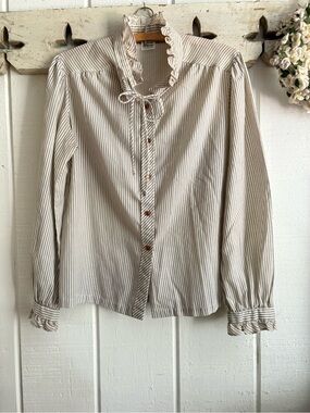 Vintage 70s Ruffled Tie-Neck Striped Blouse - Cream Stripe JC Pennys